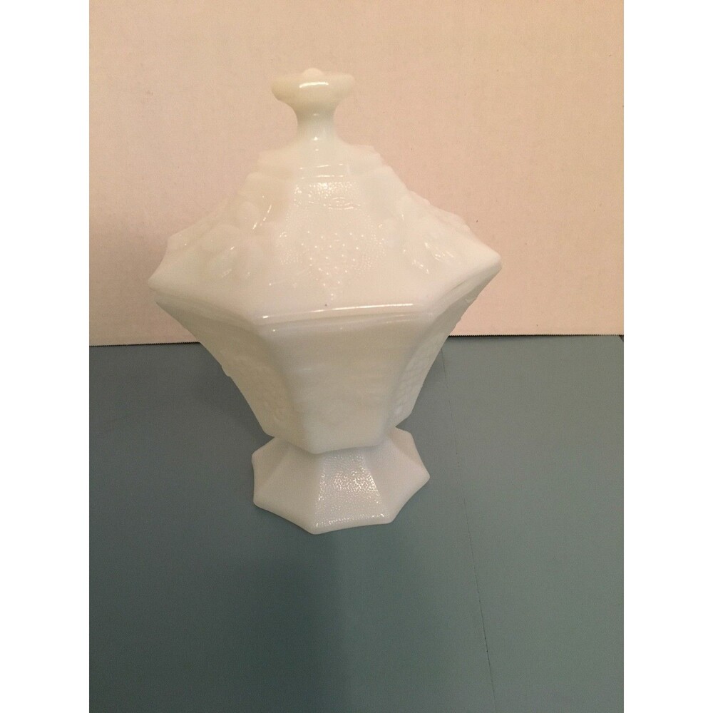 Vintage Pedestal White Milk Glass Paneled Grape Covered Candy Dish